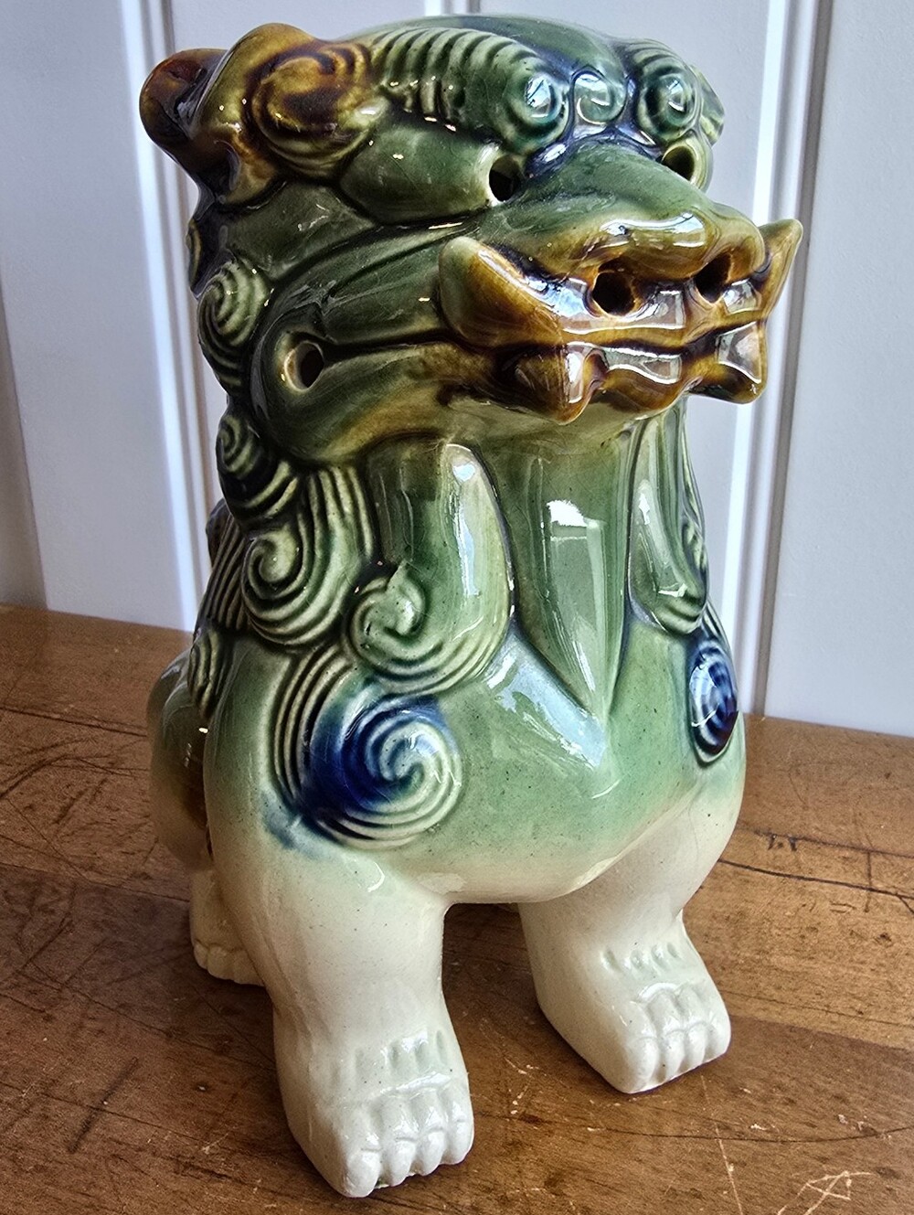 Vintage Ceramic Foo Dog Guardian Lion Figurine Green Drip Glaze Asian Decor